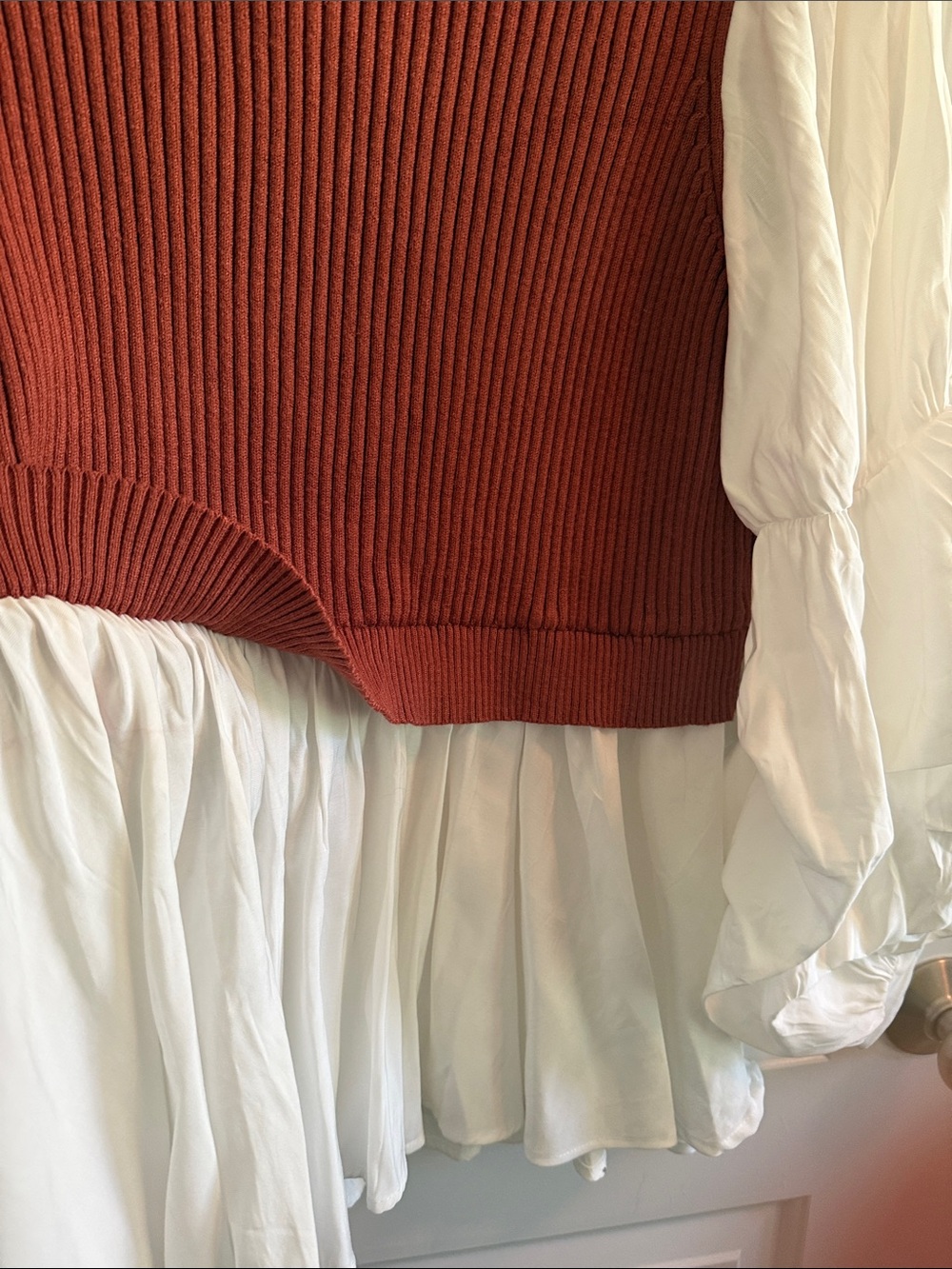 English Factory Rust Ribbed Sweater Top with White Ruffled Sleeves - Picture 8 of 15